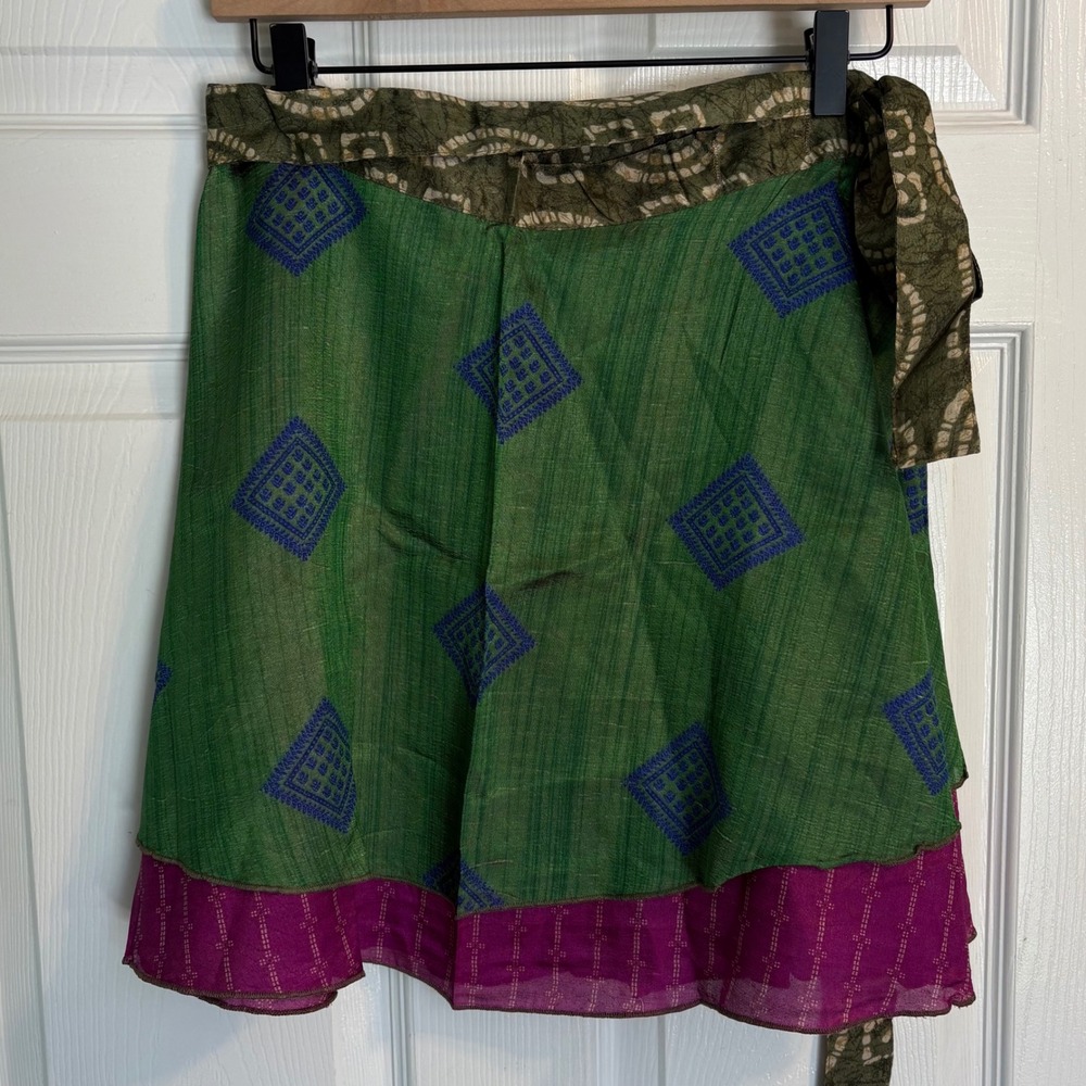 Jaded Gypsy Short Wrap Skirt Free Size Green Purple Batik Sari Reversible